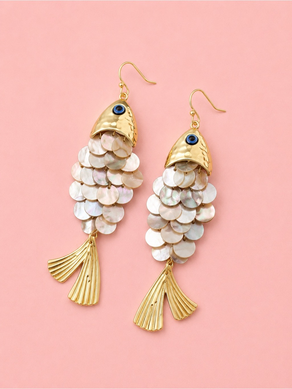 Gold Fish Dangle Earrings with Mother-of-Pearl Scalesh